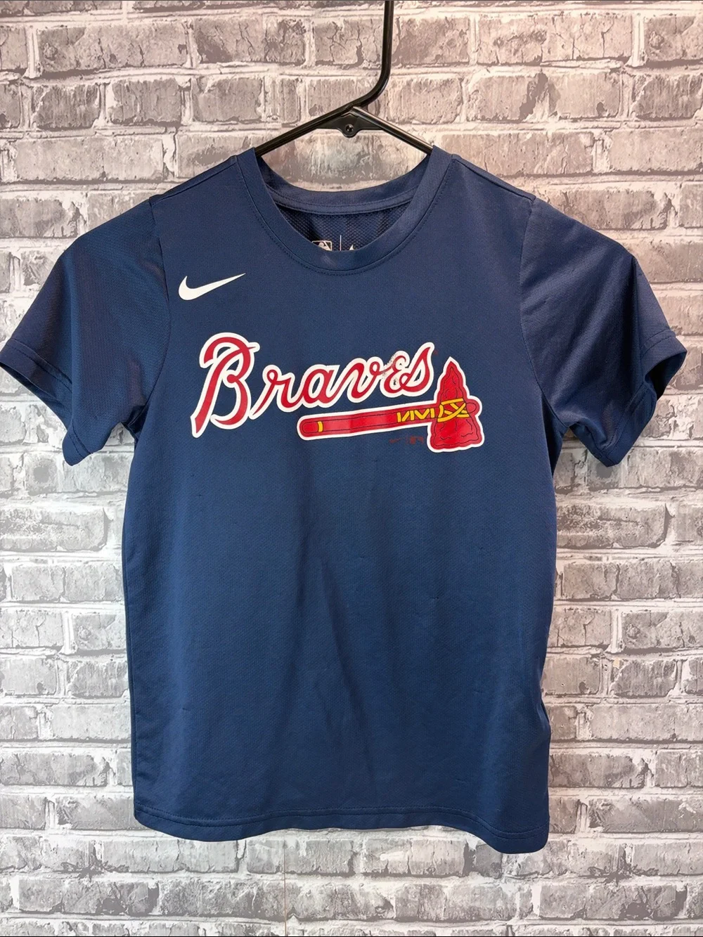 Nike Boys Navy Braves Graphic Short Sleeve Tee with Red Accents